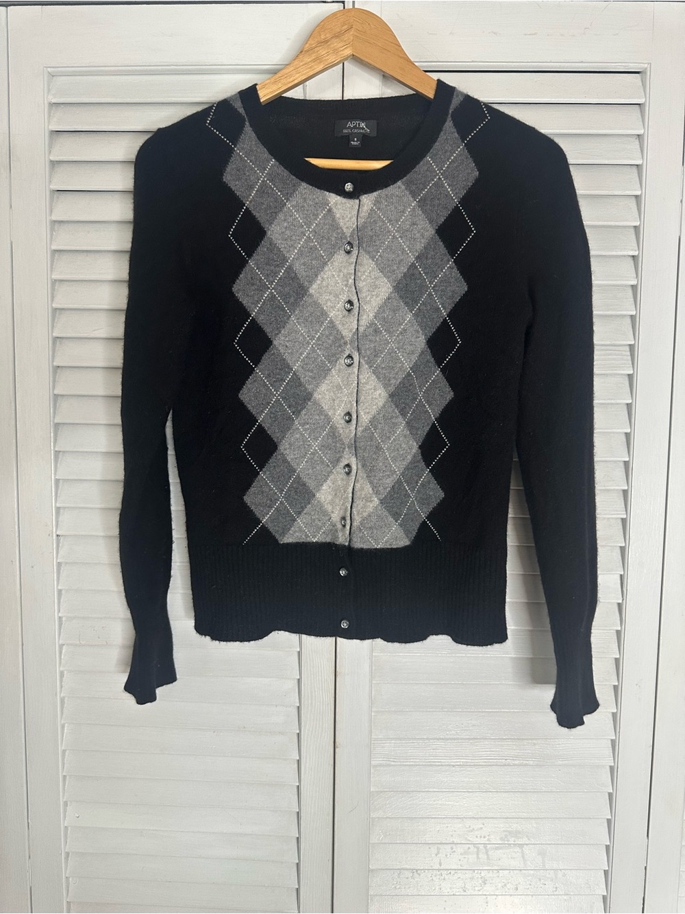 100% Cashmere Argyle Apt. 9 Black Gray academia Preppy  Cardigan Sweater